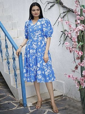 Flower Designer Heavy Digital Print Pure Muslin V-Shape Neck Jordy Blue Dress