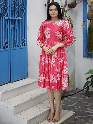 Summer Wear Floral Designer Heavy Digital Print Pure Muslin Cranberry Splash Dress