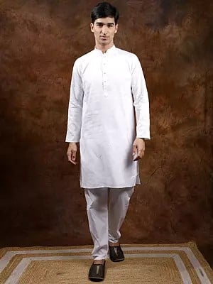 Lucent-White Mandarin Collar Pure Cotton Kurta Pajama Set