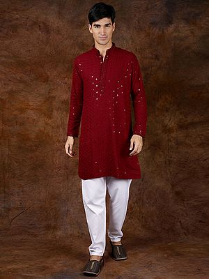 Kurta Pajama Set with Sequins and All-Over Thread Embroidery