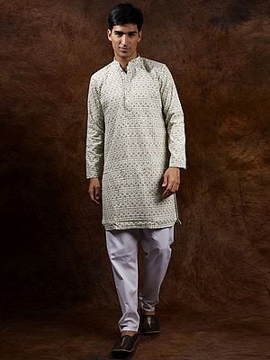 Cotton Sequins & Thread Embroidered Kurta with Plain Pajama