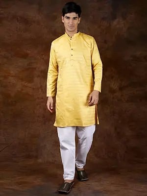 Haldi-Yellow Pure Cotton Kurta Pajama with Chevron Weave