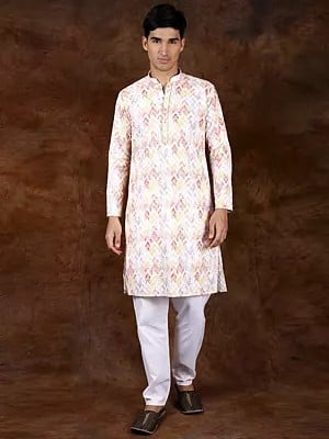 Rainbow Pure Cotton Kurta Pajama Set with Thread Embroidery in Diamond Pattern