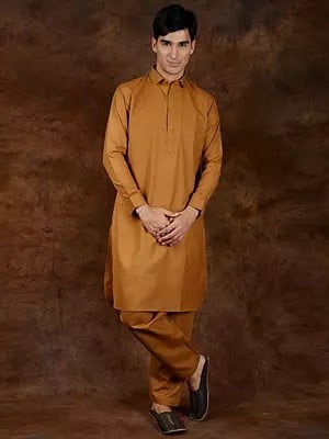 Plain Pure Cotton Pathani Kurta Pajama Set with Front Pocket