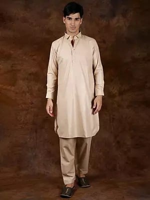 Plain Pure Cotton Pathani Kurta Pajama Set with Front Pocket