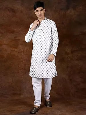 White and Black Check Kurta Pajama with Sequins and Embroidery in Self
