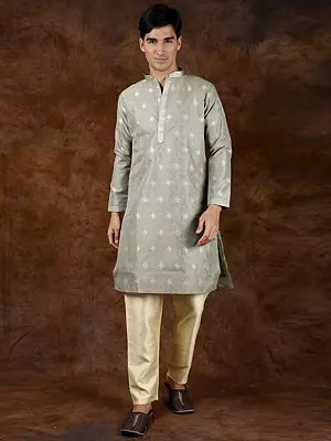 Wedding Kurta Pajama Set with Woven Bootis and Gota Patti on Neck
