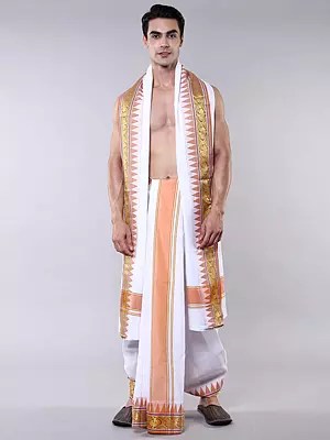 Plain Dhoti and Angavastram Set with Peacock-Temple Woven Border
