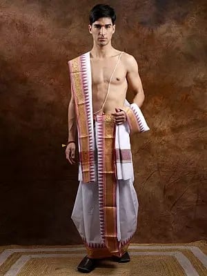 Bright-White Plain Dhoti and Angavastram Set with Peacock-Temple Woven Border