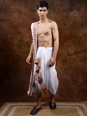 Pure Cotton Plain Dhoti and Angavastram Set with Peacock & Deer Zari Woven Border