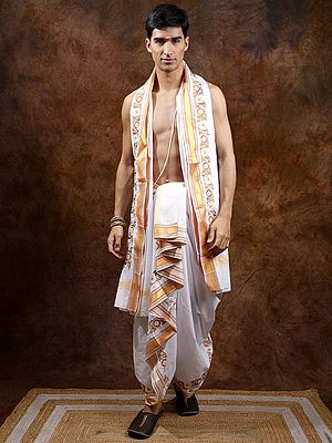 Plain Dhoti and Angavastram Set with Embroidered Border
