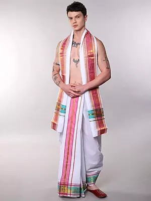 Winter-White Traditional Dhoti and Angavastram Set with Woven Nandi on Border