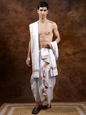 Pure Cotton Dhoti and Angavastram Set with Diamond Weave on Border