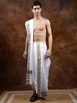 White and Olive Dhoti with Angavastram Set and Birds Woven on Border