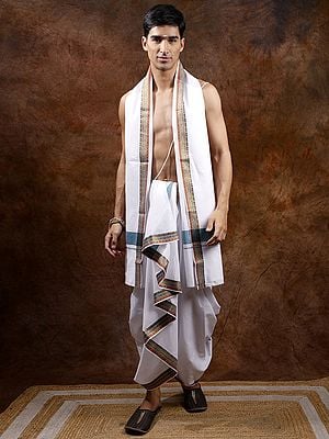 Pure Cotton Dhoti with Angavastram Set and Golden Zari Woven Border