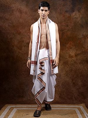 Pure Cotton Dhoti with Angavastram Set and Golden Zari Woven Border