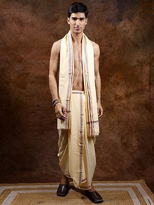 Plain Dhoti and Angavastram Set with Woven Border