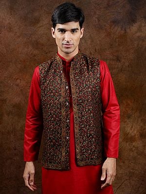 Slate-Black Kani Jamawar Nehru Jacket with Woven Flowers and Paiselys in Multi-Color
