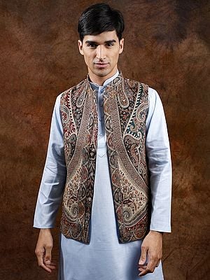 Kani Jamawar Waistcoat with Multicolor Woven Flowers on All-Over