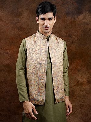 Beige Kani Jamawar Nehru Jacket with Multicolor Woven Paiselys