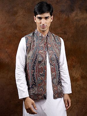 Kani Jamawar Nehru Jacket with Woven Paiselys and Flowers