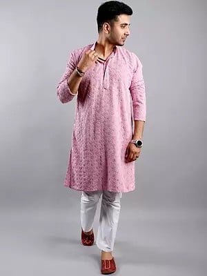 Light-Pink Chikan Embroidered Kurta And Pajama Set For Men