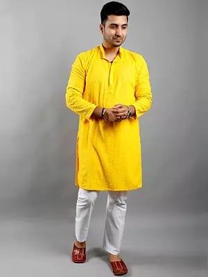 Bright-Yellow Ethnic Patterns Chikankari Kurta And Pajama