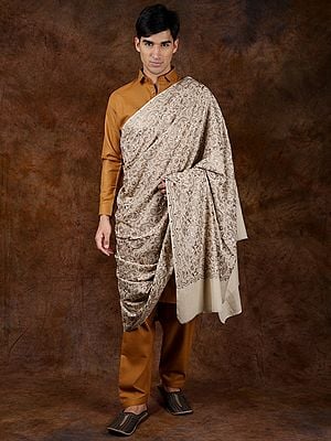 Pure Wool Men's Shawl from Amritsar with All-Over Aari Embroidered Paisley Vines