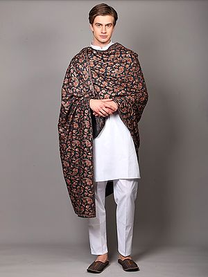 Pure Wool Men's Shawl from Amritsar with All-Over Aari Embroidered Paisley Vines