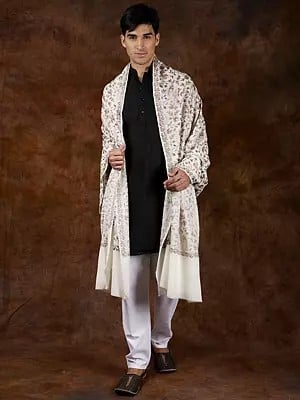 Pure Wool Men's Shawl from Amritsar with Aari Embroidered Paisley Jaal on All-Over