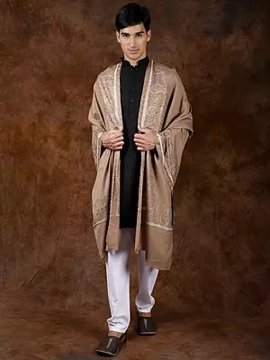 Pure Wool Shawl from Amritsar with Aari Embroidered Paisleys on Border