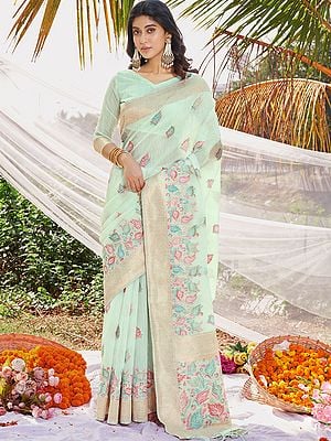Leaf Motif Cotton Saree With Blouse And Tassles Pallu For Casual Occason