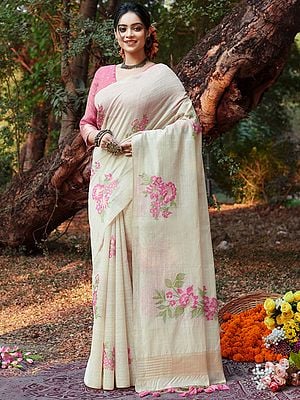 Flower Pattern Cotton Saree With Blouse And Tassles Pallu For Lady