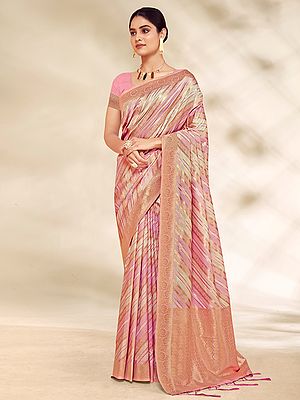 Stripe Pattern Cotton Saree With Flowered Pallu And Blouse