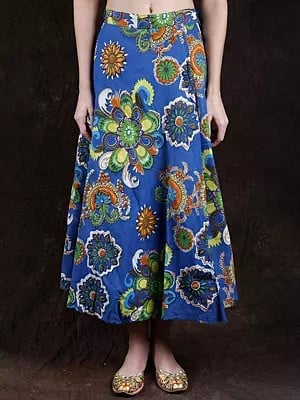 Imperial-Blue Wrap-On Skirt with Screen Printed Flowers