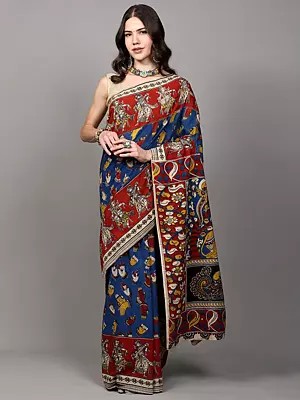 Pure Cotton Kalamkari Saree from Telangana with Hand-Painted Kathak Hand Mudras and Radha Krishna