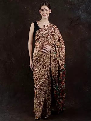 Curds & Whey Printed Saree from Ahmedabad with Beads and Kantha Embroidery