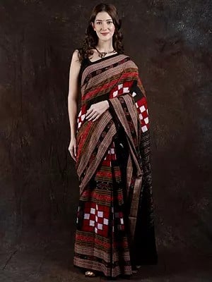 Black and Red Ikat Handloom Sambalpuri Saree from Orissa with Woven Checks and Rudraksha Border