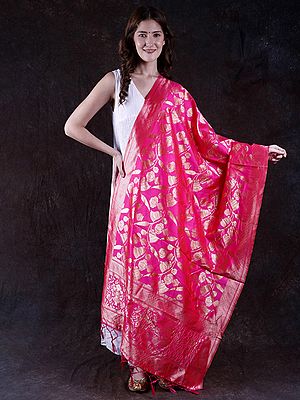 Deep-Pink Art Silk Banarasi Dupatta with Zari Brocaded Floral Vines