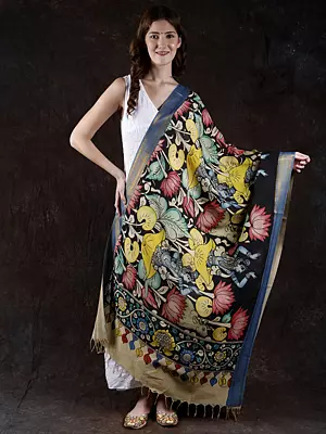 Multi-Colored Hand-Painted Kalamkari Dupatta from Telangana wih Zari Border