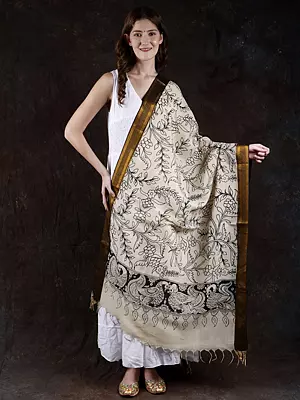 Cloud-Cream Kalamkari Dupatta from Telangana with Printed Flowers & Peacocks on  Border