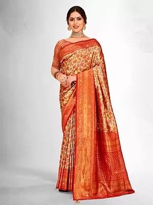 Flower Pattern Banarasi Silk Saree With Blouse And Tassles Pallu For Womens