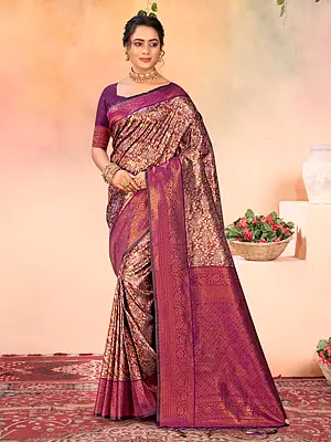 Flower Pattern Kanjivaram Silk Saree With Blouse And Tassles For Wedding Occason