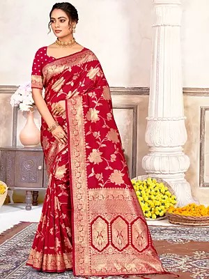 Flower With Leaf Printed Silk Saree With Blouse & tassles For Women