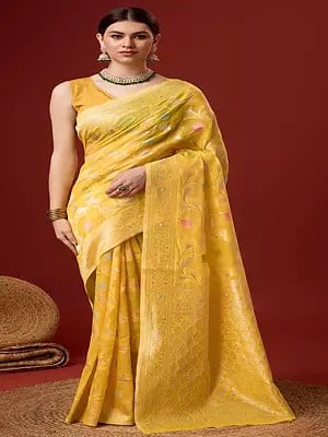 Saffron-Mango Flower Pattern Cotton Saree With Blouse For Casual Occasion