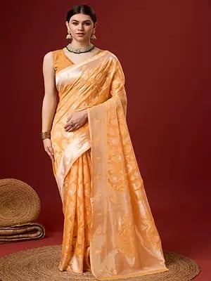 Pale-Orange Big Flower On Pallu Cotton Saree With Blouse For Casual Occason