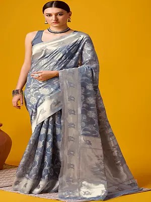 Storm-Grey Paisley Butti Cotton Saree With Blouse For Women
