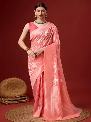 Coral-Pink Small Paisley Butti On Pallu Cotton Saree With Blouse For Women