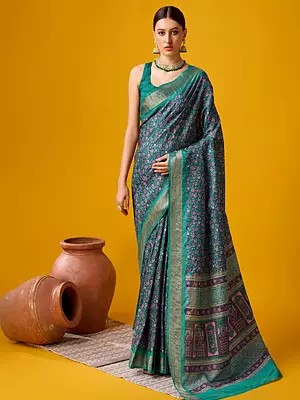 Blue-Chill Small Flower And Leaf Motif Cotton Saree With Blouse For Lady