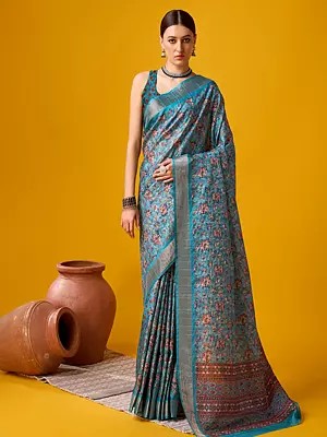 Hippie-Blue Flower Motif With Strip Pattern Cotton Saree With Blouse For Lady
